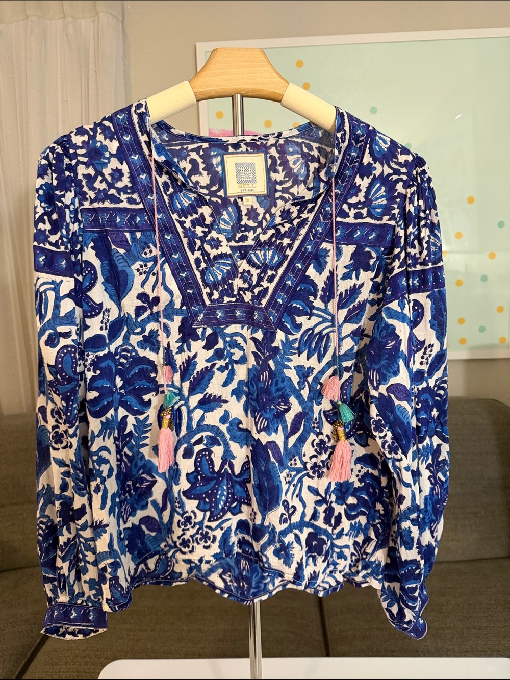 Blue Floral Embroidered V-Neck Tunic with Tassel Ties